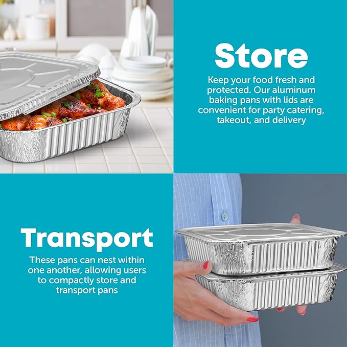 8x8 Disposable Aluminum Pans With Lids - 50 Pack Foil Pans For Cooking, Baking Cakes, Roasting & Homemade Breads - Disposable Food Containers With Foil Lids
