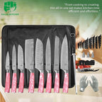 FULLHI 15pcs Japanese Knife Set with Magnetic Knife Block Holder, Japan Stainless Steel Blades, Ergonomic Handles for Professional and Home Cooking (Pink, Knife set)