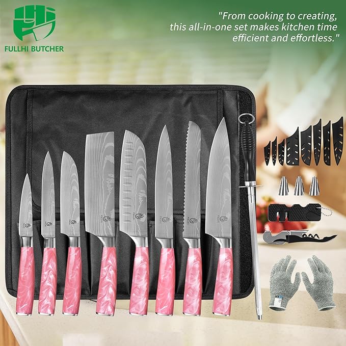 FULLHI 15pcs Japanese Knife Set with Magnetic Knife Block Holder, Japan Stainless Steel Blades, Ergonomic Handles for Professional and Home Cooking (Pink, Knife set)