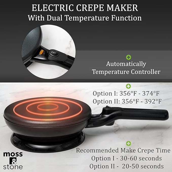 Moss & Stone Cordless Electric Crepe Maker With Auto Power Off, On/Off Switch & Dual Temperature Setting, 8 Inch Portable Crepe Maker & Non-Stick Dipping Plate, Nonstick Coating Pan