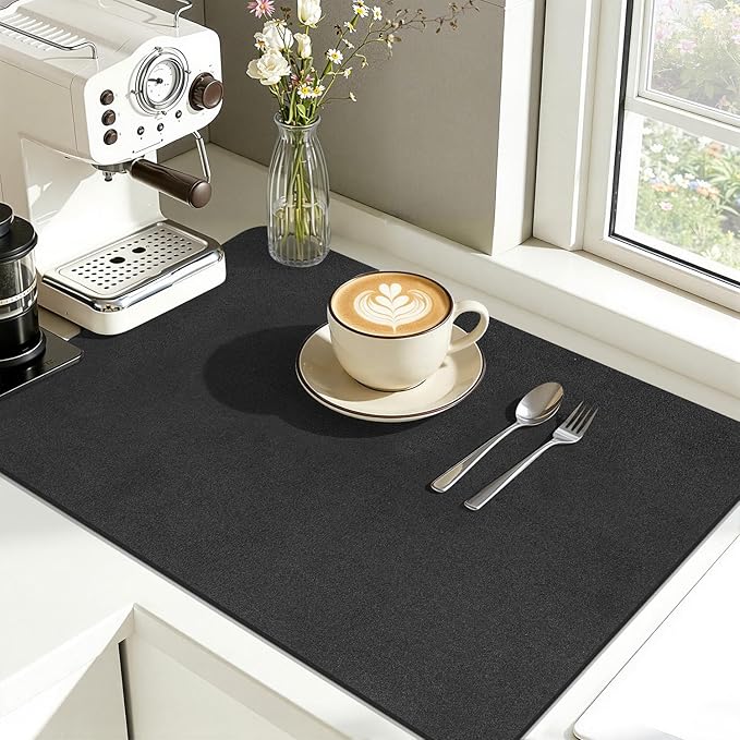 Findosom Dish Drying Mat, 17"x 32" Super Absorbent & Hide Stain Coffee Mat, Cuttable Drying Mat for Kitchen Counter, Coffee Bar Accessories, Under Dish Rack, Coffee Maker, Espresso Machine, Black-2
