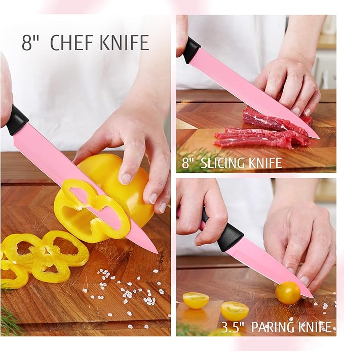 hecef 13 Pieces Kitchen Knife Set with Built-in Sharpening Wooden Block, Dishwasher Safe, High Carbon Stainless Steel Knife Block Set with Steak Knives, Kitchen Scissors, Pink