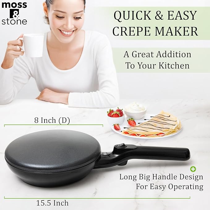 Moss & Stone Cordless Electric Crepe Maker With Auto Power Off, On/Off Switch & Dual Temperature Setting, 8 Inch Portable Crepe Maker & Non-Stick Dipping Plate, Nonstick Coating Pan