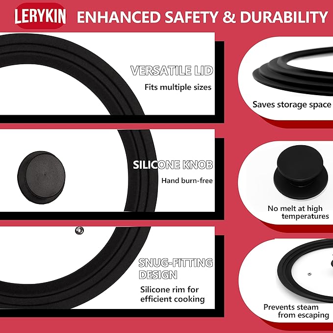 Lerykin Tempered Glass Lid Set of 2 - Universal Lids with Heat Resistant Silicone Rim for Pots, Pans and Skillets - Pan Cover Replacement Lids Fit 7", 8" & 9" and 10", 11" & 12" Diameter Cookware