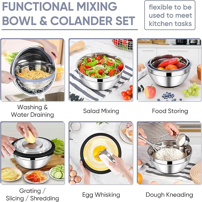 TeamFar 4-1 Colander with Bowl Set, Rotatable Colander for Kitchen, Stainless Steel Food Strainers and Colanders Mixing Bowl with Graters, for Veggies Fruits Washing, Pasta Straining - Black