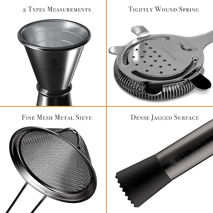 Homestia Cocktail Shaker Sets, Bartender Kit - 12 Pcs Stainless Steel Bar Tools with Boston Shaker Tins, Mixing Spoon, Muddler, Jigger, Strainer, Ice Tongs and Wine Pourers (Black)