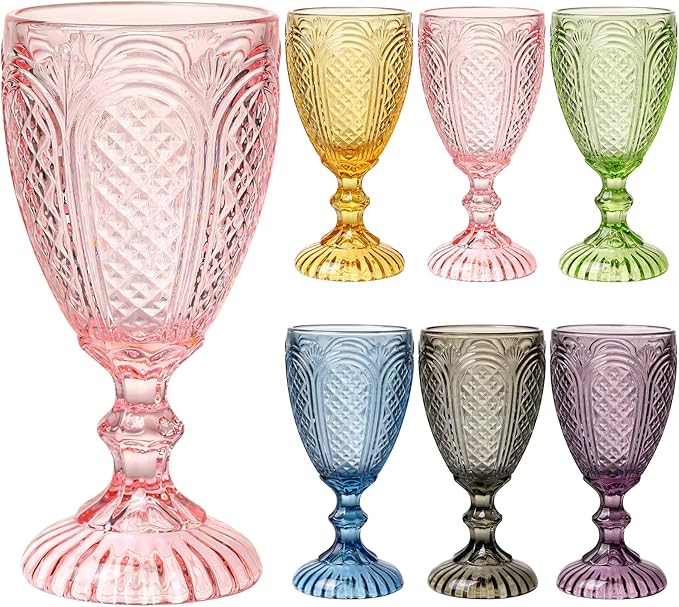 Colored Vintage Wine Glasses Set of 6 – 10.5 Ounces Colored Glass Water Goblets, drinking glasses for Mothers Day, Wedding, Holiday, or Fancy Glassware for everyday