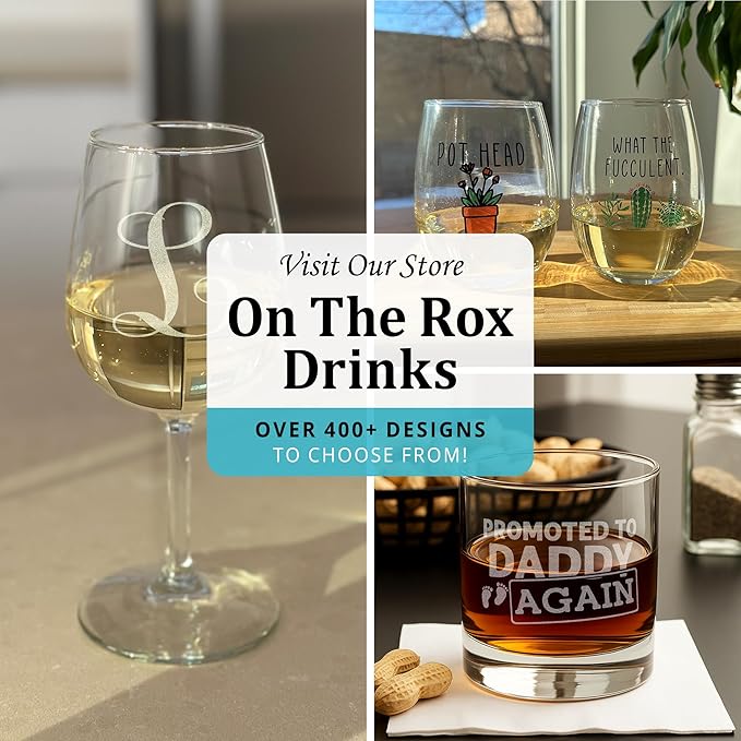 On The Rox (X-Monogram)- 4 Piece Set of 11 Ounce Engraved Heavy Base Rocks Glasses- Quality Elegant Glass-Multi-Purpose Beverage-Rocks Glass- For any Occasion