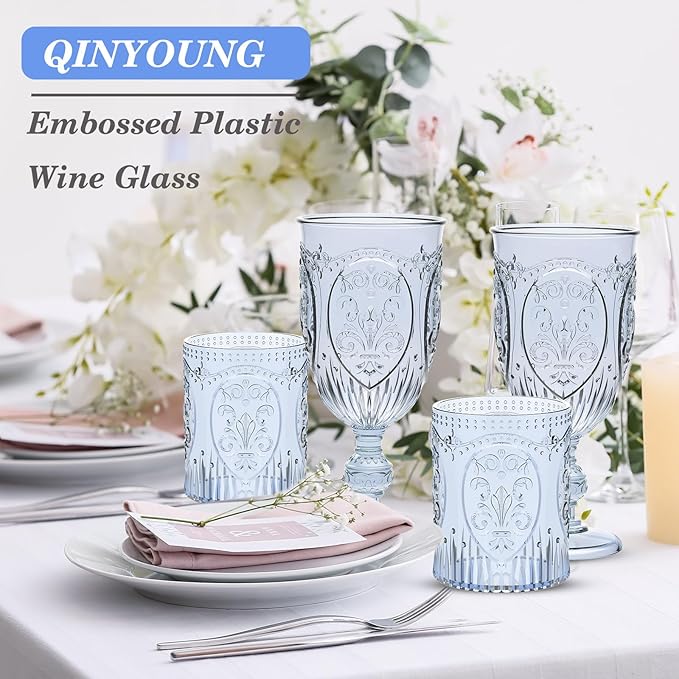 Qinyoung 48 Plastic Vintage Drinking Glasses 8.5oz Stemless Retro Embossed Wine Glasses Shatterproof Reusable Cups for Baby Shower Wedding Reception Grand Event Party (Blue)