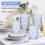 Qinyoung 48 Plastic Vintage Drinking Glasses 8.5oz Stemless Retro Embossed Wine Glasses Shatterproof Reusable Cups for Baby Shower Wedding Reception Grand Event Party (Blue)