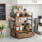 Coffee Station Organizer Countertop, Wooden Coffee Bar Accessories Organizer with Basket, 2 Mug Holder Hooks and Pod Drawer, Multifunctional 2 Tier Countertop Organizer for Kitchen, Bathroom, Office