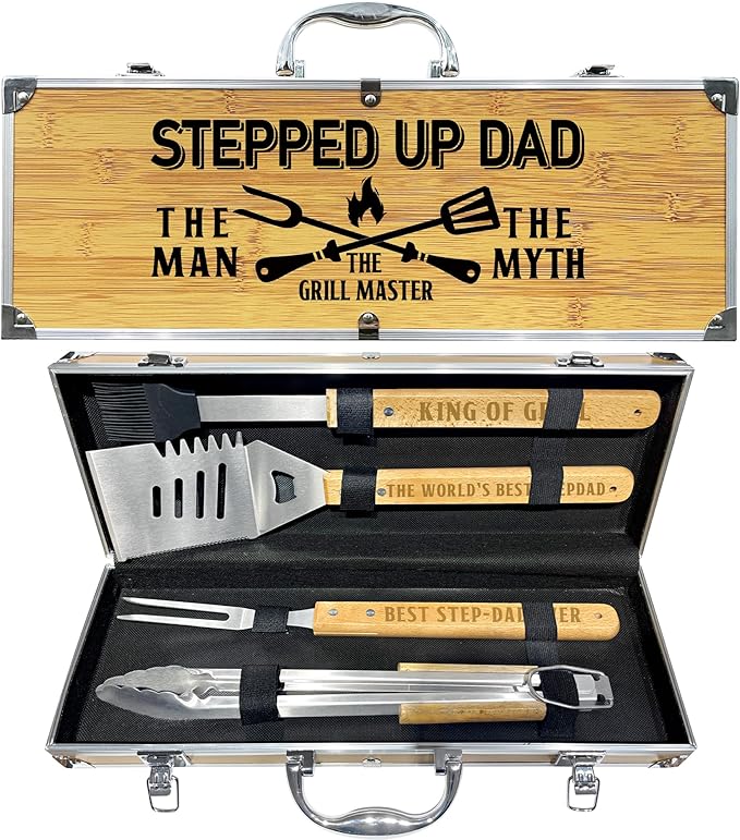 Step Dad Gifts from Daughter Fathers DatHeavy Duty Wooden BBQ Grilling Accessories Kit for Backyard, Thick Stainless Steel Grill Utensils with Non-Slip Handle Tools in Portable Bag Birthday