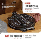 Victoria 8 Inches Cast Iron Tortilla Press, Roti Maker and Tortilladora, Pataconera Seasoned with Flaxseed Oil, Made in Colombia, Traditional Style, Black