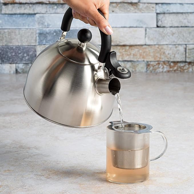Primula Stewart Whistling Stovetop Tea Kettle Food Grade Stainless Steel, Hot Water Fast to Boil, Cool Touch Folding, 1.5-Quart, Brushed with Black Handle (Pack of 4)