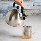 Primula Stewart Whistling Stovetop Tea Kettle Food Grade Stainless Steel, Hot Water Fast to Boil, Cool Touch Folding, 1.5-Quart, Brushed with Black Handle (Pack of 4)