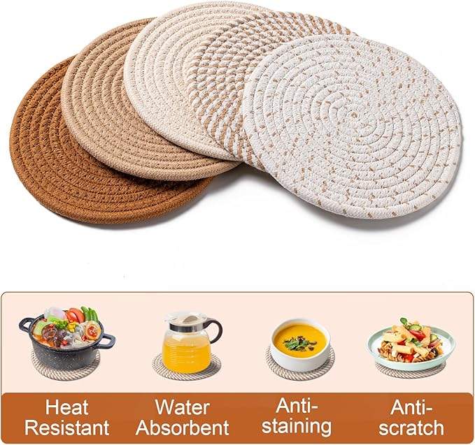 Husfunov 7 Inch Trivets for Hot Dishes, Pots and Pans, 5 Heat Resistant Pot Holders for Kitchen, Home Essentials, Hot Pads for Countertop and Table, Farmhouse Decor Vase Mats, Brown