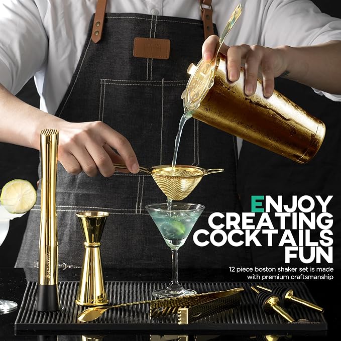 Homestia Cocktail Shaker Set, Bartending Kit: Weighted Boston Shaker Tin, Hawthorne Strainer, Jigger, Bar Spoon and Muddler, Professional Stainless Steel Bar Tool for Beginner (Gold)