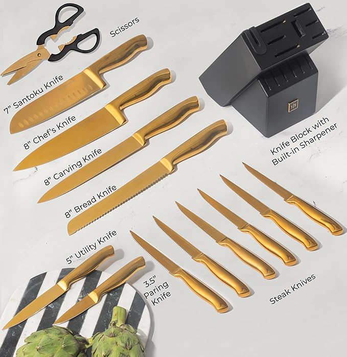 Styled Settings Gold Knife Set with Block & Built-In Sharpener – 14-Piece Full Tang Kitchen Knives Set – Gold Knives Set with Self-Sharpening Block, Titanium Knife Set with Black Block