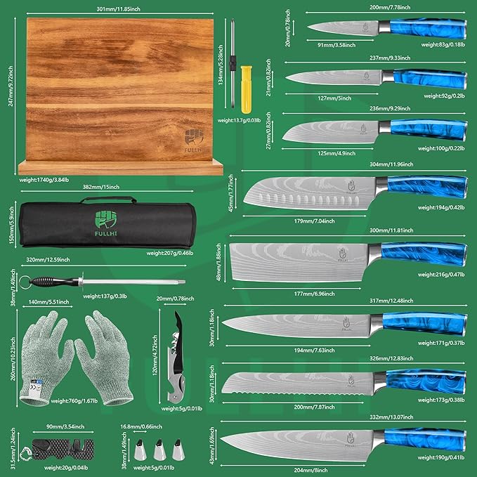 FULLHI 15pcs Japanese Knife Set with Magnetic Knife Block Holder, Japan Stainless Steel Blades, Blue Resin Ergonomic Handles for Professional and Home Cooking
