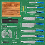 FULLHI 15pcs Japanese Knife Set with Magnetic Knife Block Holder, Japan Stainless Steel Blades, Blue Resin Ergonomic Handles for Professional and Home Cooking