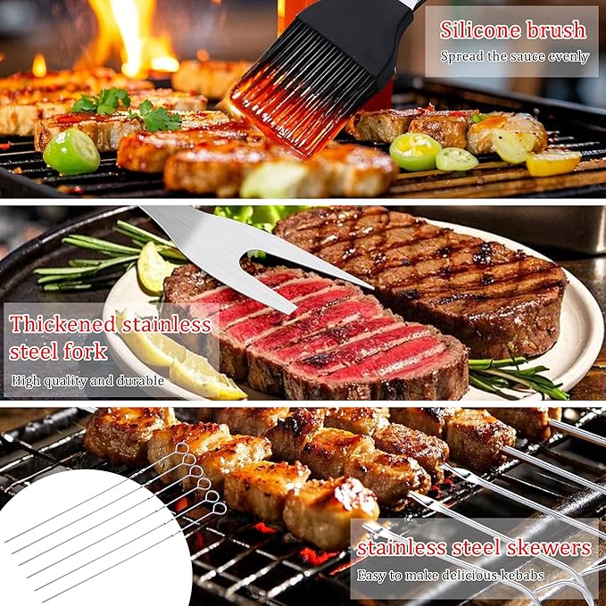 15-Piece Grill Set, BBQ Grilling Accessories with Tongs & Spatula, Stainless Steel Grill Utensils Set with Hooks & Apron Storage Bag for Outdoor Cooking, Camping, Practical Gifts for Men Dad