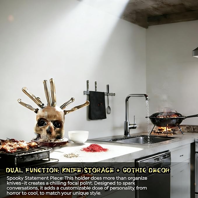 Life Size Skull Knife Block Holder - Hand Painted Resin Skull with 6 Slots for Kitchen Knives & Fruit, Horror Goth Kitchen Decor, Scary Party Display and Countertop Storage