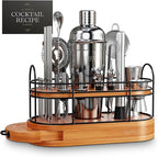Mixology Bartender Kit - 22Pcs Bar Set Cocktail Shaker Set w Brown Bar Cart Accessories Stand - Shakers Bartending Silver Tools, 24oz Shaker, 17 Recipe Cards, Martini Barware