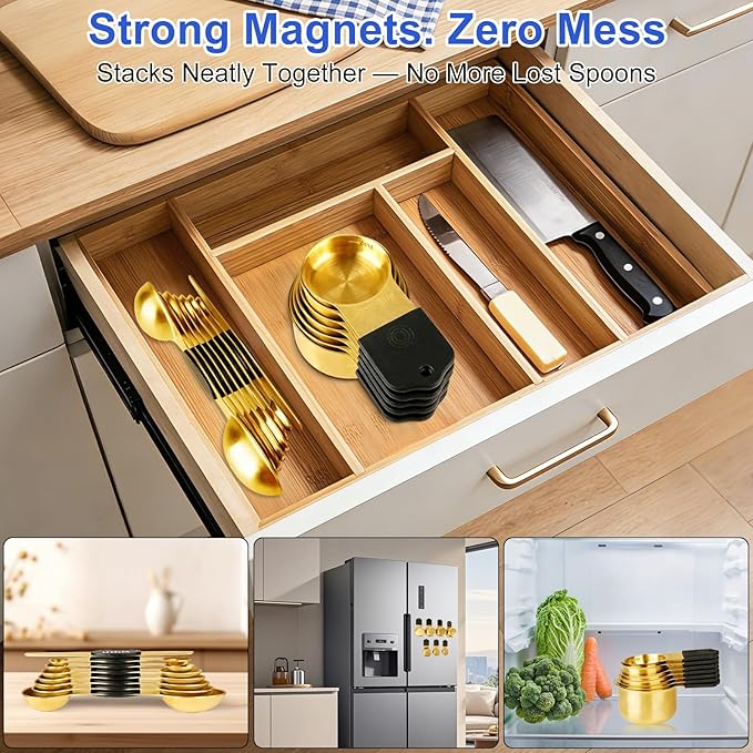 Magnetic Measuring Cups & Spoons Set, Strong N45 Magnets, Heavy Duty Stainless Steel Fits in Spice Jars for Baking & Cooking, BPA Free, Round Set of 15 with Leveler,Gold