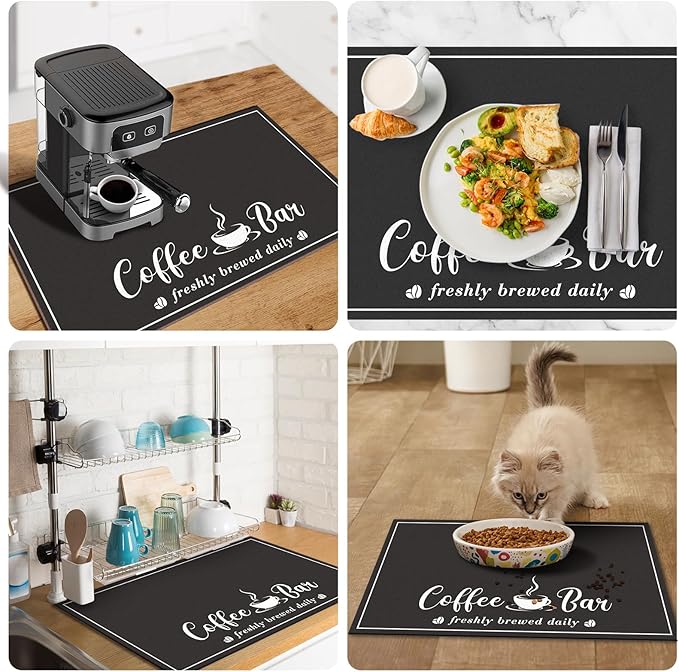 CooRug Absorbent Coffee Mat, Fashion Dish Drying Mat for Kitchen Counter Coffee Bar Accessories Espresso Machine Dish Rack 12" x 20" Black