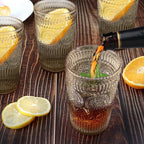 Loivttvv 6pcs Vintage Drinking Glasses Set, 12 oz Tawny Highball Glasses, Embossed Ribbed Glassware Cups for Cocktail, Water, Juice, Coffee, Whiskey