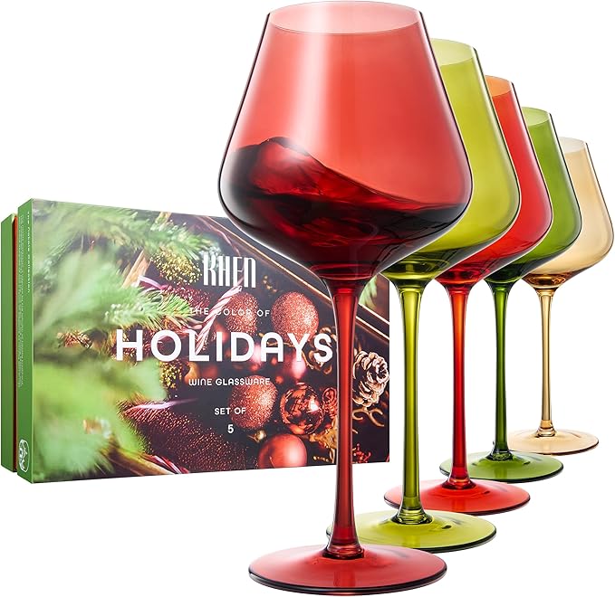 Khen Festive & Holiday Colored Wine Glasses Set of 5 In Luxurious Gift Box – 20oz Stemmed Goblets, Thanksgiving Dinner, Entertaining – Wedding Red, Green & Gold Glassware for Party Celebrations