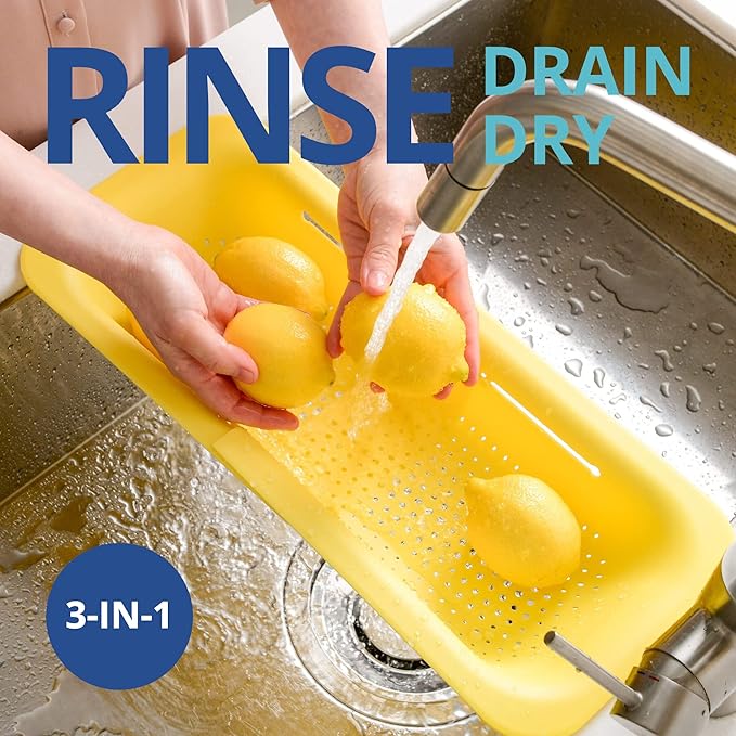 BLUE GINKGO Over the Sink Colander Strainer Basket - Wash Vegetables and Fruits, Drain Cooked Pasta and Dry Dishes - Extendable - New Home Kitchen Essentials (Yellow, 1 Pack)
