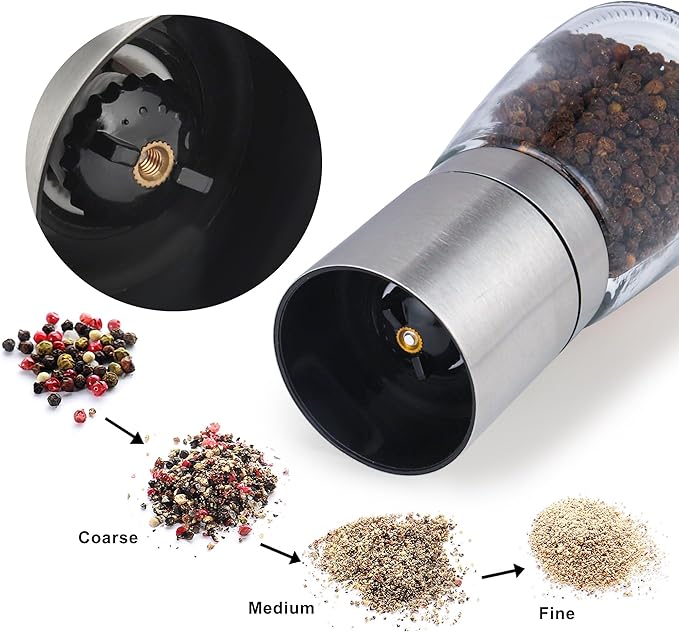 Gulex® Pepper Grinder Pepper Mill, Salt Grinder Refillable,(Single Package) Adjustable Coarseness Black Pepper Grinder, Stainless Steel Sea Salt Shaker with Ceramic Rotor (1 pack) (1 Pack Model 2)