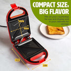Tasty Mini Sandwich Maker, Makes Sandwiches, Paninis, Grilled Cheese, Desserts, Quick Results, Easy Cleanup, 600W, Red
