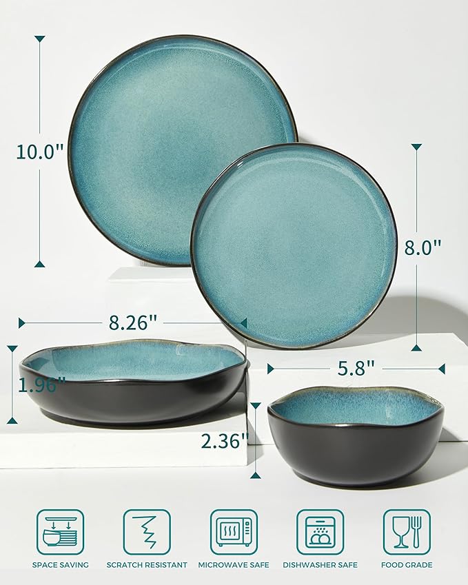 Pokini 32 Piece Dinnerware Set for 8 with Pasta Bowls, Green Black Reactive Glaze Stoneware | All‑in‑One Host Set for Entertaining, Holiday Meals, Multi‑Course Dinners | Unique Irregular Coastal Look