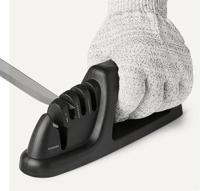 Amazon Basics 4-in-1 Knife Sharpener with Non-Slip Base, Includes Safety Glove