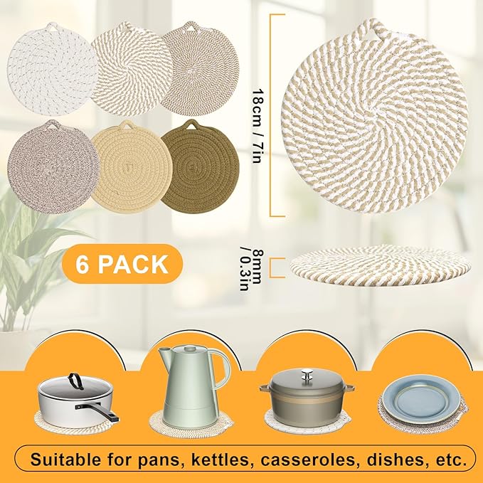 7" Trivets for Hot Dishes, 6 Pack Hot Pads for Kitchen Counter & Dining Table, Heat Resistant | Scratches | Stains Cotton Trivets for Hot Pots and Pans