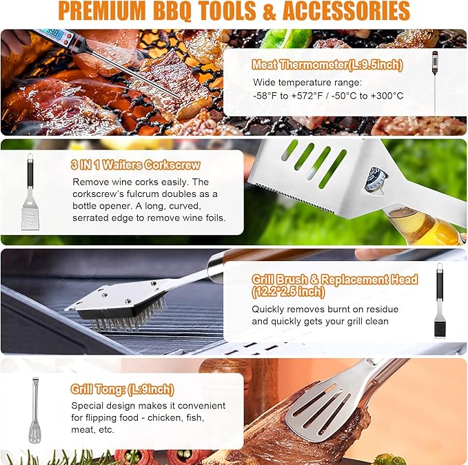 Cifaisi BBQ Grill Accessories Set, 38Pcs Stainless Steel Grill Tools Grilling Accessories with Aluminum Case, Thermometer, Grill Mats for Camping/Backyard Barbecue, Grill Utensils Set for Men Women