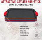 2 Piece Set Nonstick Carbon Steel Oven Bakeware -Professional Quality Kitchen Cooking Baking Trays -PFOA, PFOS, PTFE-Free Medium & Large Baking Sheet Pans with Red Silicone Handles