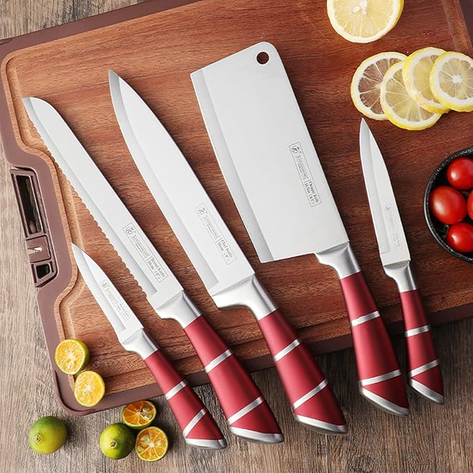 Kitchen Knife Set, 9-Piece Red Kitchen Knife Set with Acrylic Block, Non Stick Sharp High Carbon Stainless Steel Knife Set for Kitchen Cutting Meat Slicing Chopping Kitchen Gifts for Women (Red)