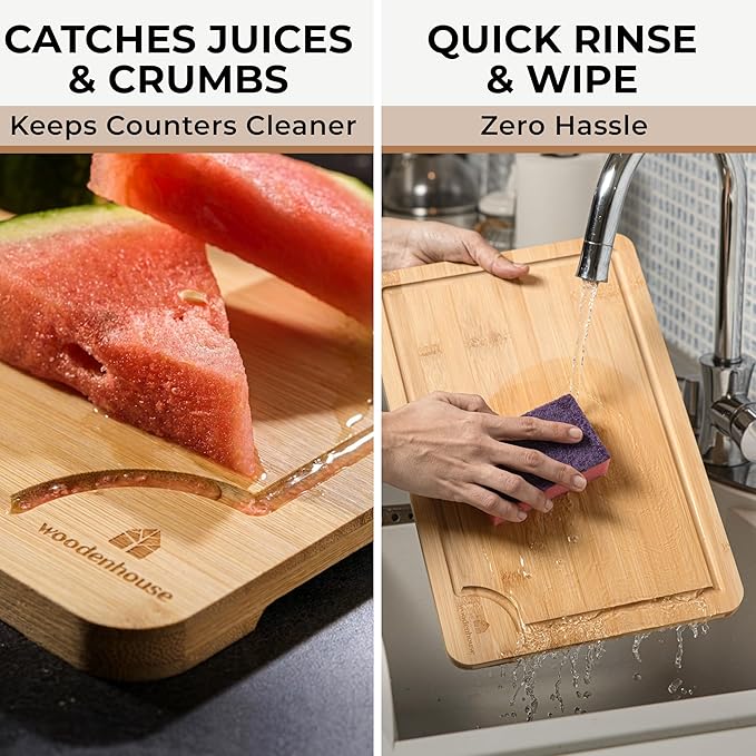 Bamboo Cutting Board Set of 3 - Thick & Durable Wood Cutting Boards with Deep Juice Grooves & Build-in Handles, Large Surface, Easy to Clean – for Meat, Vegetables and Fruits (Set of 3 with Holder)