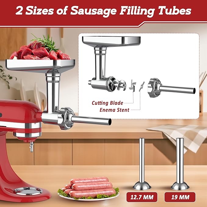 Jooke Meat Grinder Pasta Maker Attachment for Kitchenaid Stand Mixers,Set for Kitchenaid Mixer Attachments Includes Metal Food Grinder with Sausage Stuffer Tubes,3 in 1 Pasta Attachment,Dough Cutter