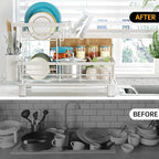 Dish Drying Rack, 2 Tier Dish Racks for Kitchen Counter, Compact Dish Drainer Rack, Detachable Dish Rack with Drainboard, Utensil Holder, Cup Holder for Small Space - White