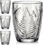 Vintage Drinking Glasses Set of 4, 10 oz Hand-Pressed Clear Glass Cups, Fern Embossed Retro Glassware, Textured Tumblers for Water, Cocktails & Juice, Decorative Kitchen Drinkware, Unique Boho Gift