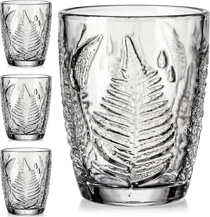Vintage Drinking Glasses Set of 4, 10 oz Hand-Pressed Clear Glass Cups, Fern Embossed Retro Glassware, Textured Tumblers for Water, Cocktails & Juice, Decorative Kitchen Drinkware, Unique Boho Gift