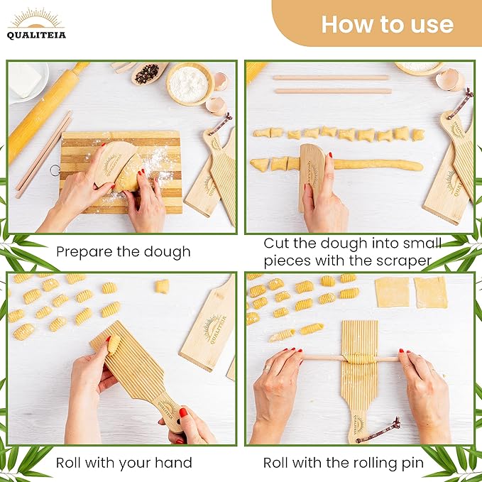 Gnocchi Board Set for Rolling Dough - 2x Paddles, 2x Rollers & 1x Cutter, Bamboo Pasta Shaper Tools Butter Maker, Garganelli Cavatelli Tortellini Cavarola Roller (Gnocchi Board Set 4)