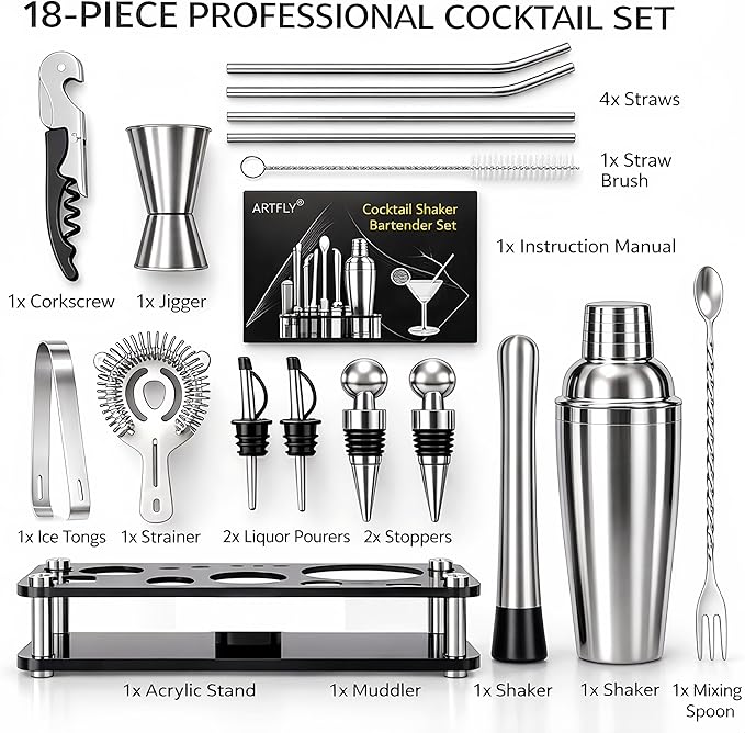 Cocktail Shaker Set, 18-Piece Bartender Kit with Acrylic Stand, 18/8 Stainless Steel Bar Set with Martini Shaker, Jigger, Muddler & Recipe Book for Home Bar