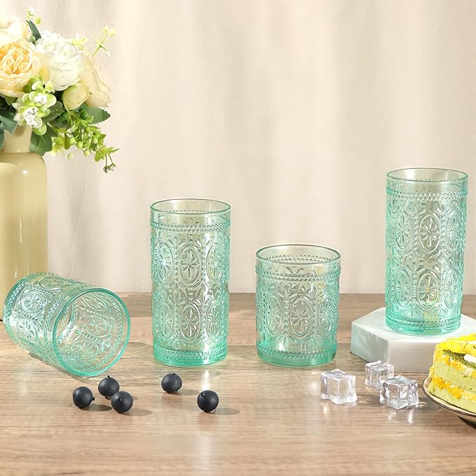 Green Glassware Set of 4, Vintage Drinking Glasses, Colored Glassware Drinking, Highball Embossed Beverage Glasses Cup for Party Wedding Home Office and Gift (2pcs12oz+2pcs10oz）