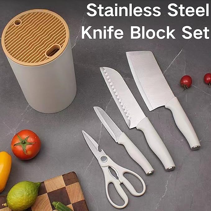 Small Knife Block Set, Modern Kitchen Knife Scissors with Universal Round Holder, Home Apartment New Kitchen Essentials, Space Saving, Dishwasher Safe(Black, 5PCS)