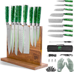 FULLHI 15pcs Japanese Knife Set with Magnetic Knife Block Holder, Japan Stainless Steel Blades, Green Resin Ergonomic Handles for Professional and Home Cooking